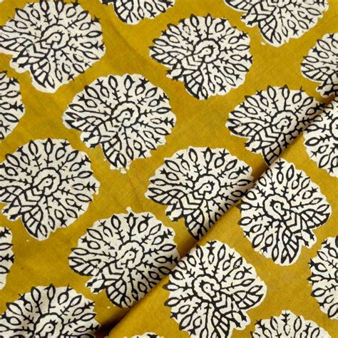 Pure Cotton Bagru Mustard With Cream Peacock Motif Hand Block Print Fa ...