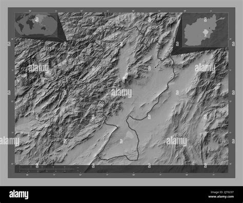 Ghazni, province of Afghanistan. Bilevel elevation map with lakes and rivers. Locations of major ...