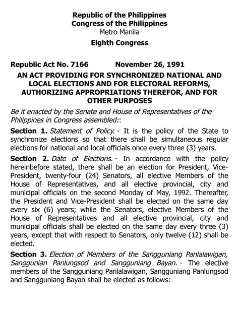 RA 7166 Synchronized National and Local Elections and for Electoral ...