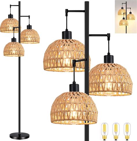 QIYIZM Tree 3-Lights Floor Lamp for Living Room,Bedroom,Rattan Boho ...