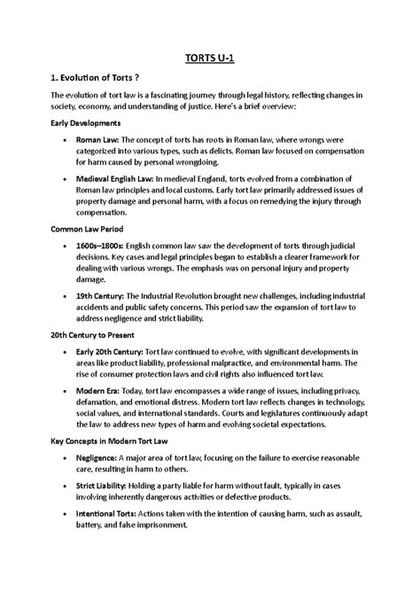 TORTS 1: Evolution and Key Concepts in Tort Law - Studocu