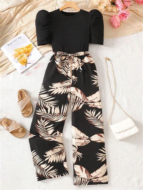 SHEIN Teen Girls Casual Elegant Monochrome Printed Splice Short Sleeve ...