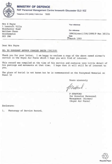 Letter from Ministry of 1993 March Defense – Sheila Chinn