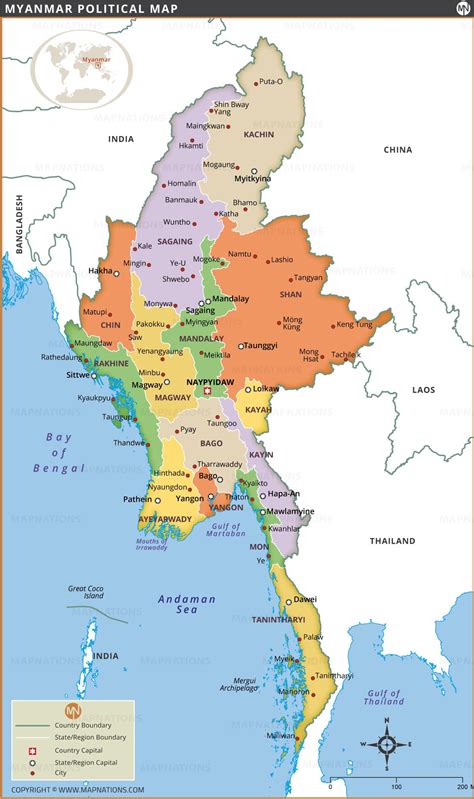 Myanmar Political Map, Province Map of Myanmar – Province, Capitals, and Major Cities