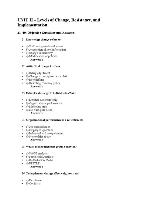 UNIT I Change Management: Objective Q&A on Concepts & Types - Studocu
