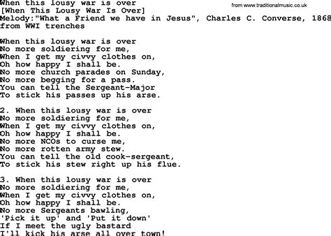 Old English Song Lyrics for When This Lousy War Is Over, with PDF