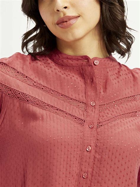 Women's Self Design Red Mandarin Collar Top – Levis India Store