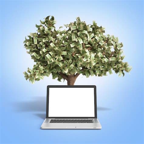 Black empty screen pc with money tree on gradient background 3d render ...