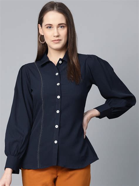 Jompers Women Navy Blue Regular Fit Crinkled Effect Casual Shirt
