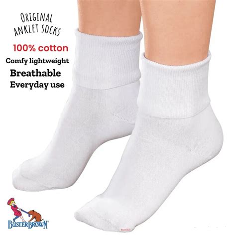 BUSTER BROWN Women’s 100% Cotton Fold over cuff Ankle Bobby Crew socks ...