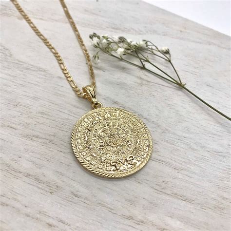 Gold Aztec Calendar Chain Cadena Calendario Azteca Oro Laminado Men's ...