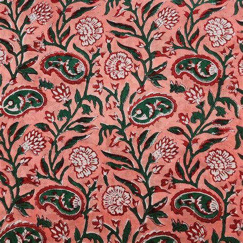 Pure Cotton Jaipuri Peach With Maroon Red Wild Kairi Jaal Hand Block P ...