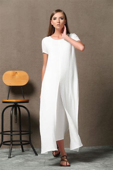 Short Sleeve White Maxi Linen Dress for Women, Summer Cotton Linen ...