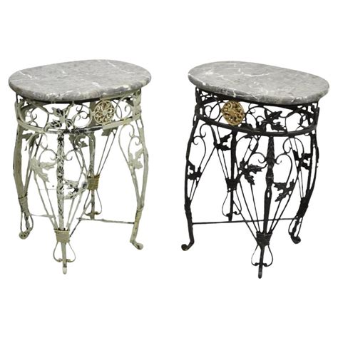Vintage French Art Nouveau Wrought Iron Marble Top Painted Side Tables ...