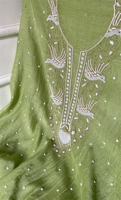 Chidiya Women's Lakhnavi Handcrafted Mul Chanderi Unstitched Kurta And