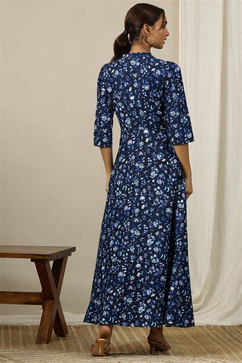 Buy Ensign Blue Floral Printed Flared Pure Cotton Dress in Mandarin ...