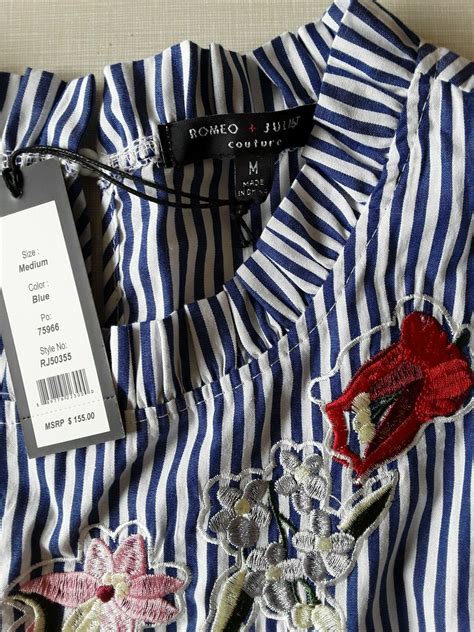 NWT ROMEO & JULIET COUTURE Embroidered Striped Tiered Poplin Top Blue ...
