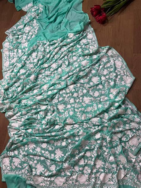 Sea Green Kashmiri Crepe Aari Work Saree