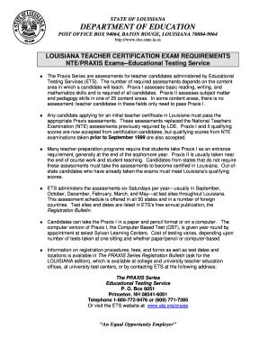 Fillable Online LOUISIANA TEACHER CERTIFICATION EXAM REQUIREMENTS Fax ...