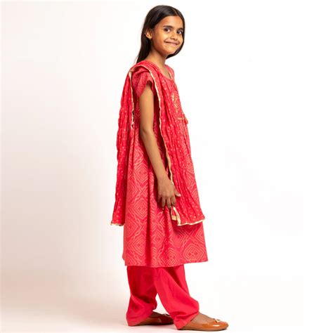Girl's Block printed Kurta Set Mickey Coral
