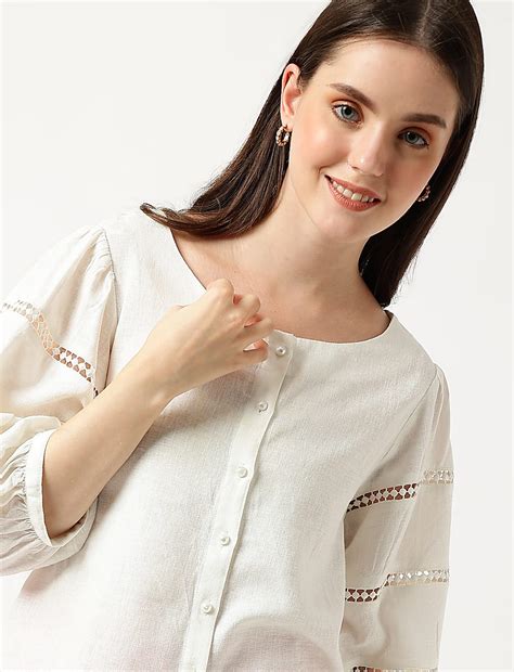 Buy Linen Mix Lace Round Neck Top at Marks & Spencer