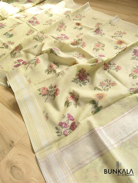 Shop Pista Green Linen Saree with Digital Floral Print and Zari Border ...