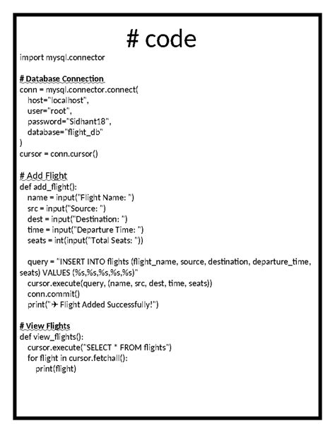 Database Connection and Flight Management System Code (Import MySQL ...