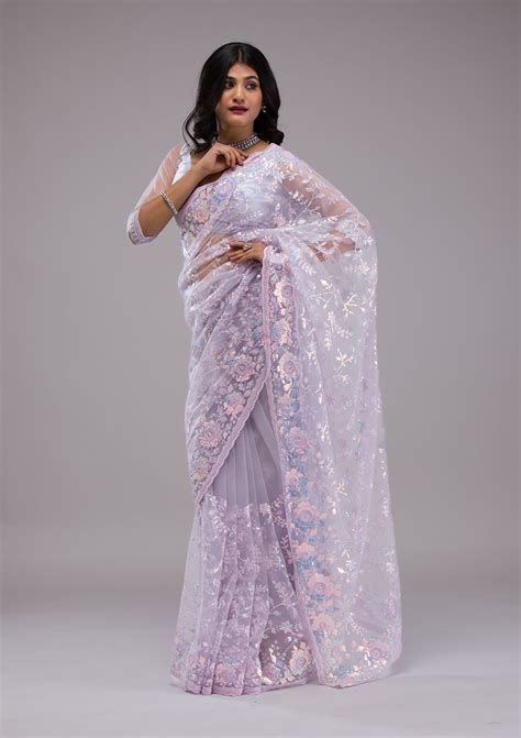 Buy Lavender Sequins Tissue Saree - Koskii