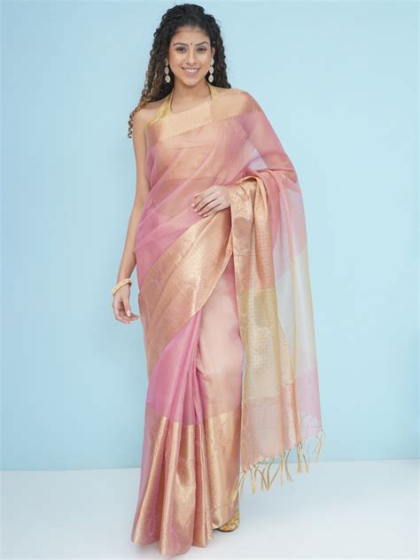Pastel Pink Banarasi Tissue Saree – Zari Booti & Gold Border – Label Kashi