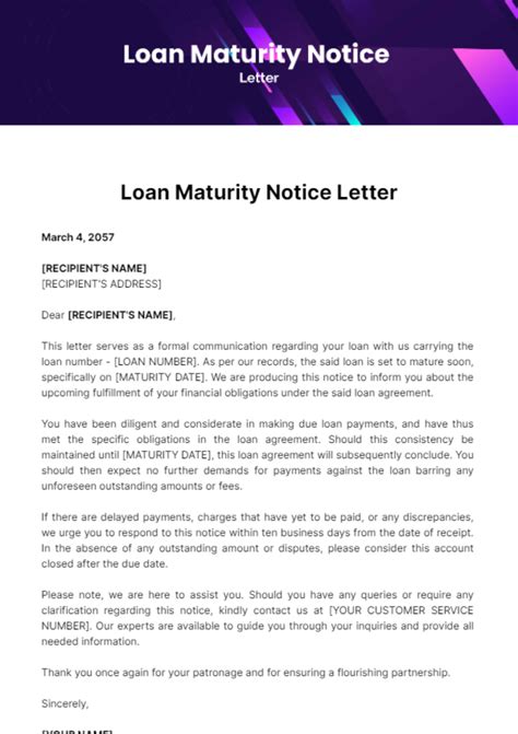 Free Loan Maturity Notice Letter Template to Edit Online