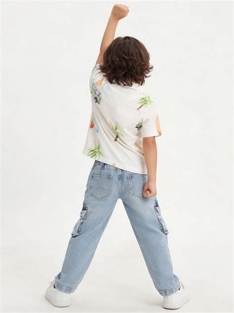 Buy HOP Kids Boys Light Blue Washed Mid-Rise Cargo Jeans from Westside