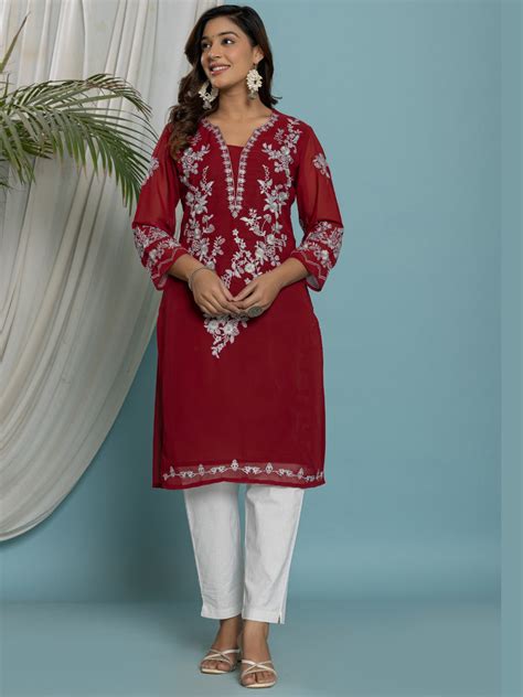 Thread Embroidered Georgette Solid Kurta with Lining - Maroon – VEDANA