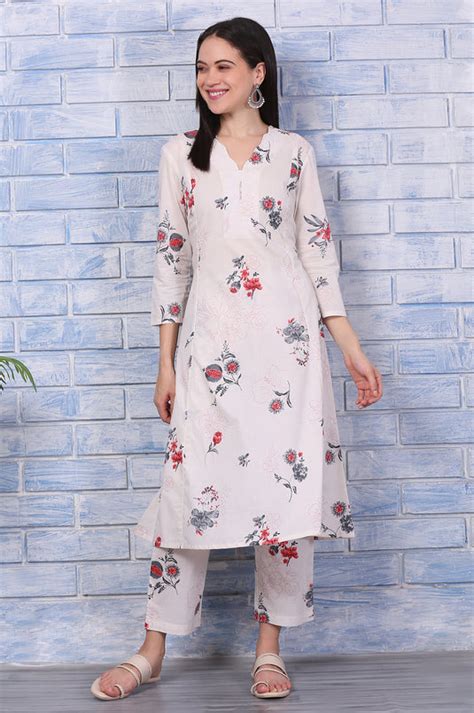 Off-White Floral Printed Pure Cotton A-line Kurta and Pants Co-ord Set ...