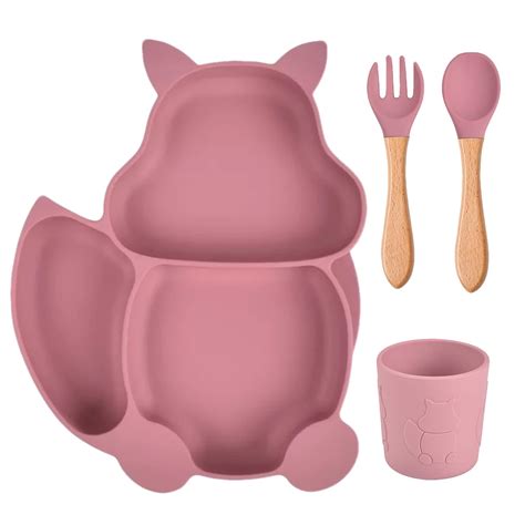 Earthism Silicone Meal Set-Clever Fox Berry-With Suction Plate-Set of 4 ...