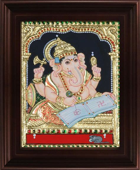 "Ganesha Writing Book Tanjore": Yellow Orange Tanjore Traditional_Art ...