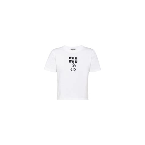 White Embroidered Cotton T-shirt | Miu Miu