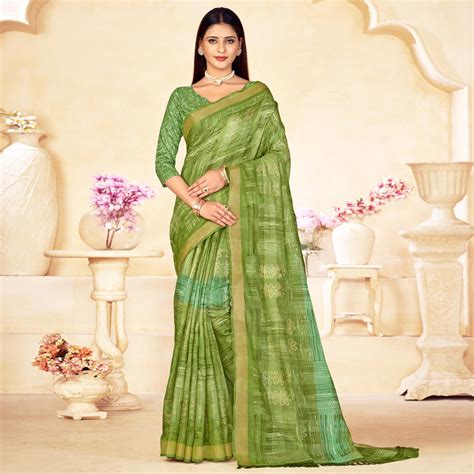 Green Foil Printed Linen Silk Saree With Tassels