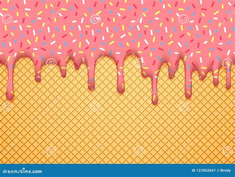 Ice Cream Cone Vector Illustration with Dripping Pink Glaze and Wafer ...