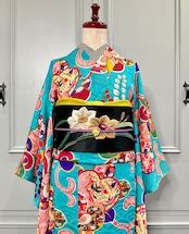 ターコイズブルーに晴れやか花模様＊アンティーク小紋キモノ A057 | kimono tento
