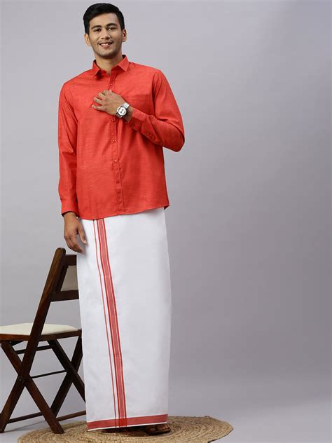 Men Rosewood Red Matching Border Dhoti & Full Sleeves Shirt Set CV4