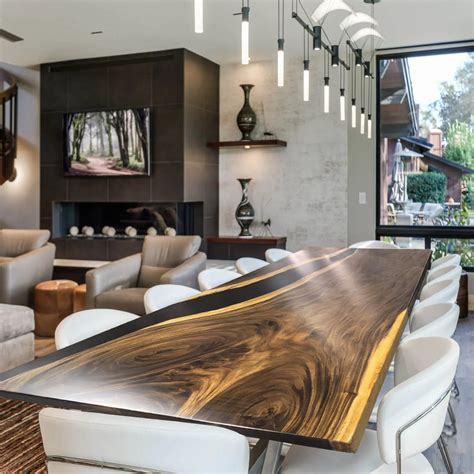 120 inch black resin river in middle wood dining table for 10-12 peopl ...