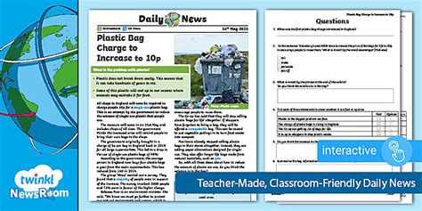 News Story for Kids 9-11: Plastic Bag Charge to Rise