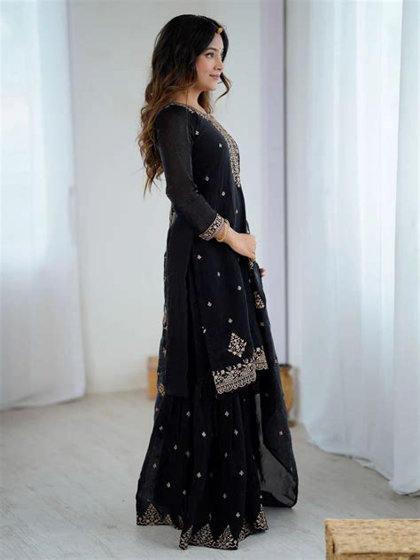 Black Crunchy Silk Embroidered Zari Sequin Work Kurti Sharara with Dup ...