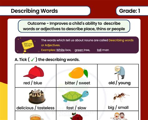 Printable Describing Words Worksheet For Class 1 kids