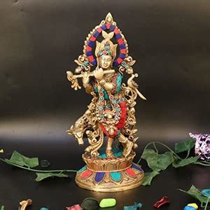 Brass statue villa Lord Cow Krishna Playing Flute Multicolor Gemstone ...