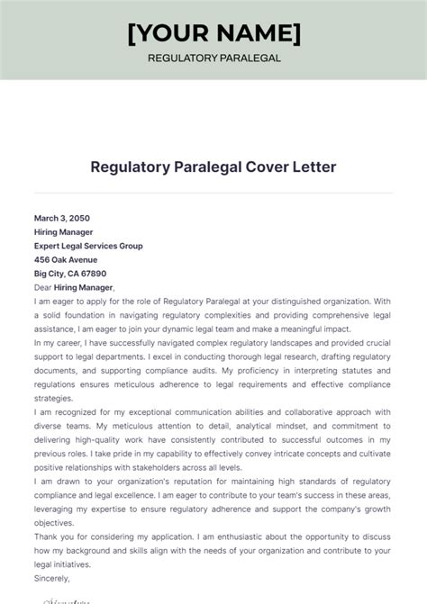 Free Regulatory Paralegal Cover Letter Template to Edit Online