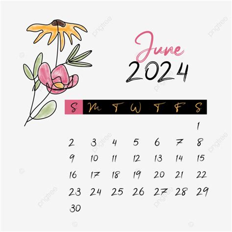 2024年6月花卉月曆透明背景 向量, 六月花卉日曆, 2024 年 6 月日曆, 2024年日历向量圖案素材免費下載，PNG，EPS和AI ...