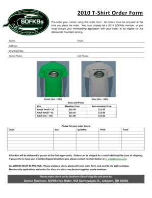 Fillable Online flyingk9s 2010 T-Shirt Order Form Pre-order your t ...