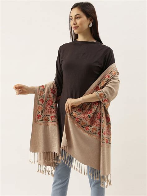 Shop for Beige Aari Embroidered Kashmiri Stole (Size: 28x 80 Inches ...