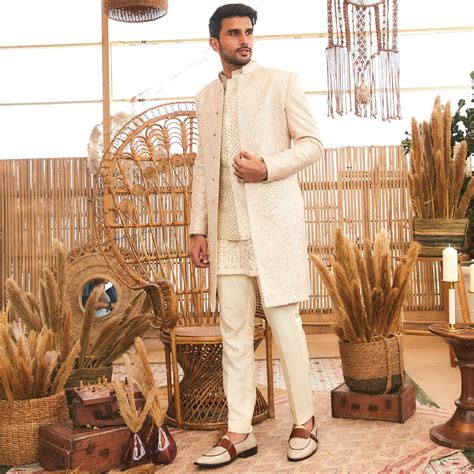 IVORY FRENCH KNOT SHERWANI SET – SVA Couture